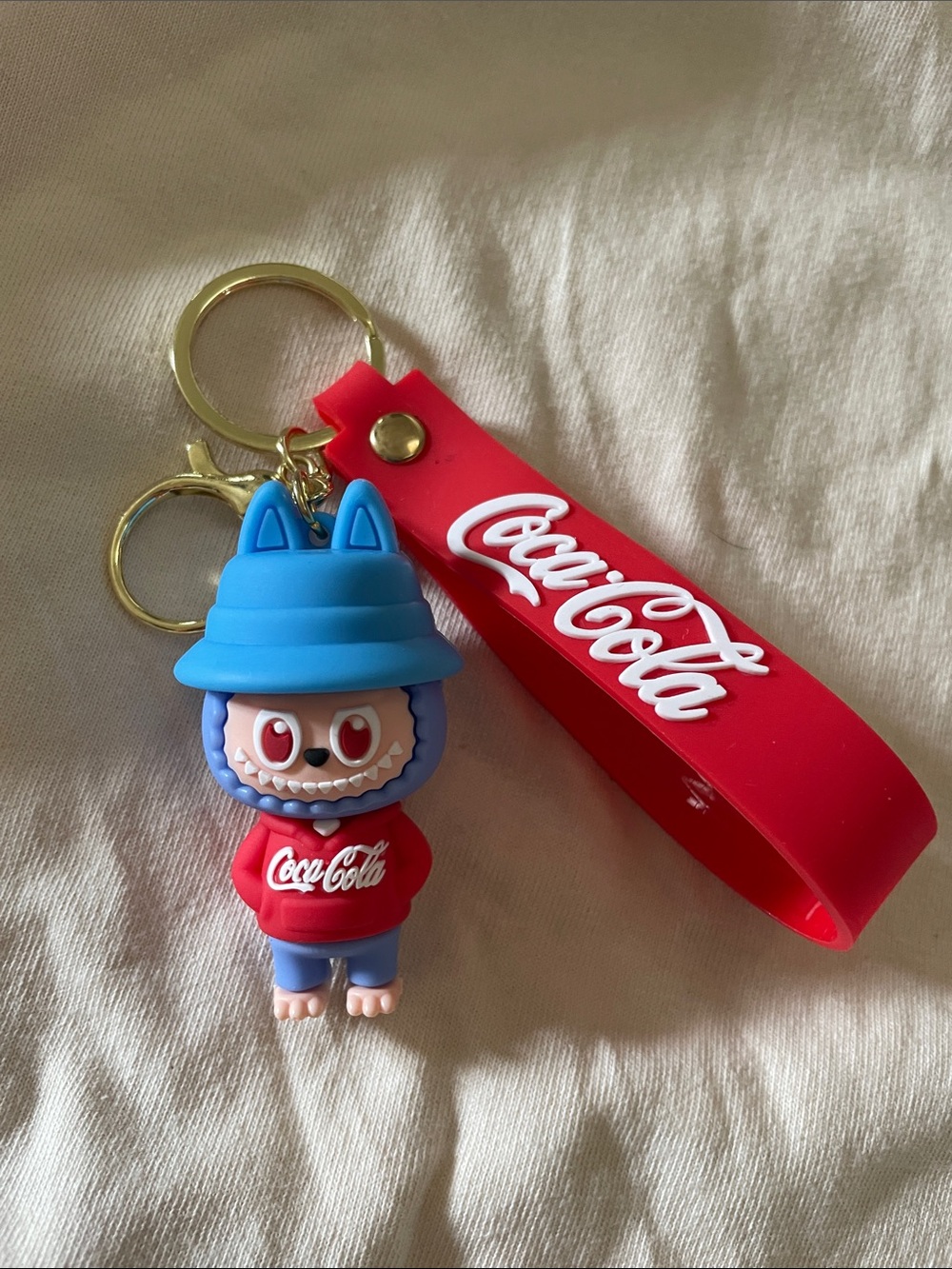 Coca Cola Red & Blue Cute labubu Keychain with Gold Ring NWOT